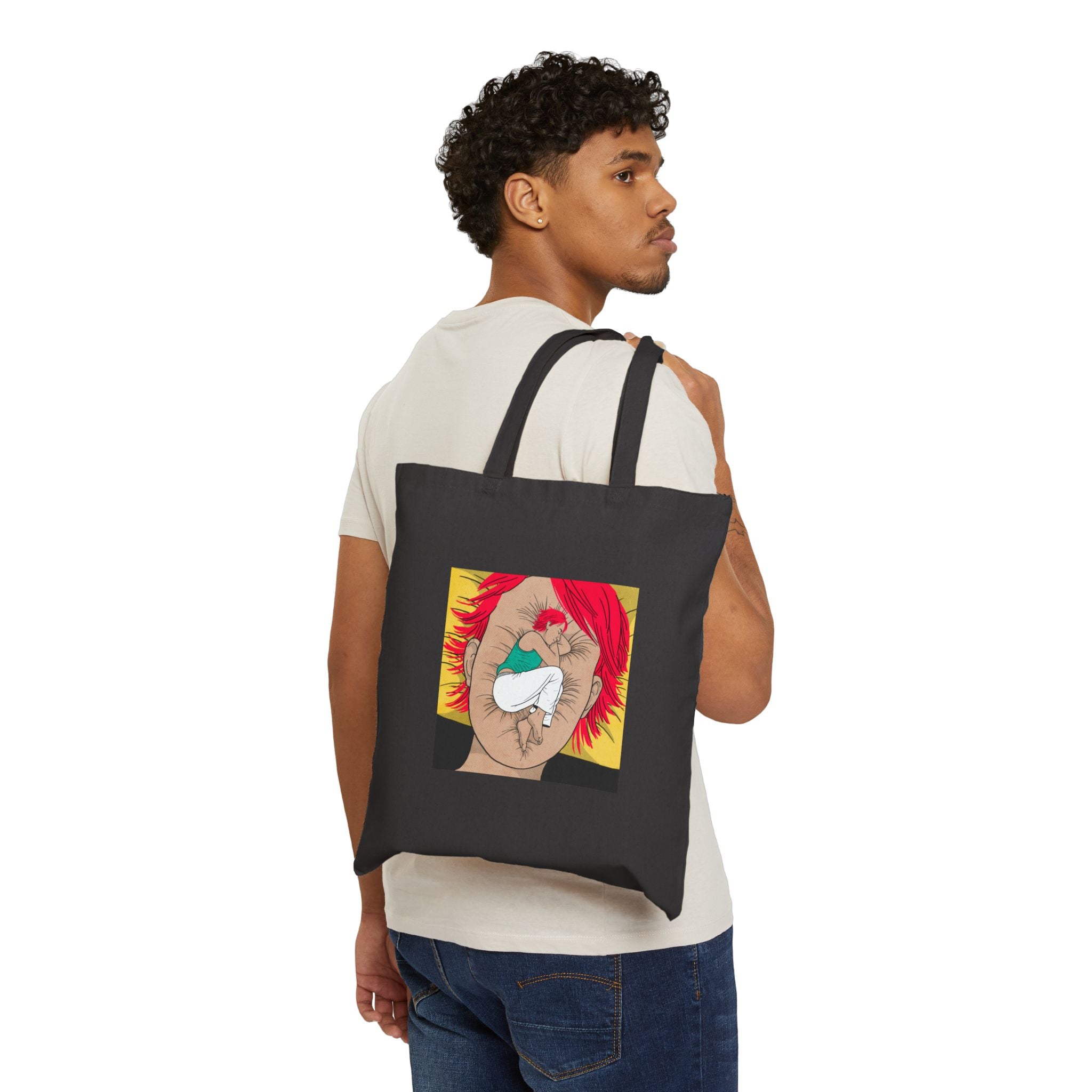 Canvas Tote Bag — Surreal Red-Haired Face with Hand and Sleeping Figure Art Tote