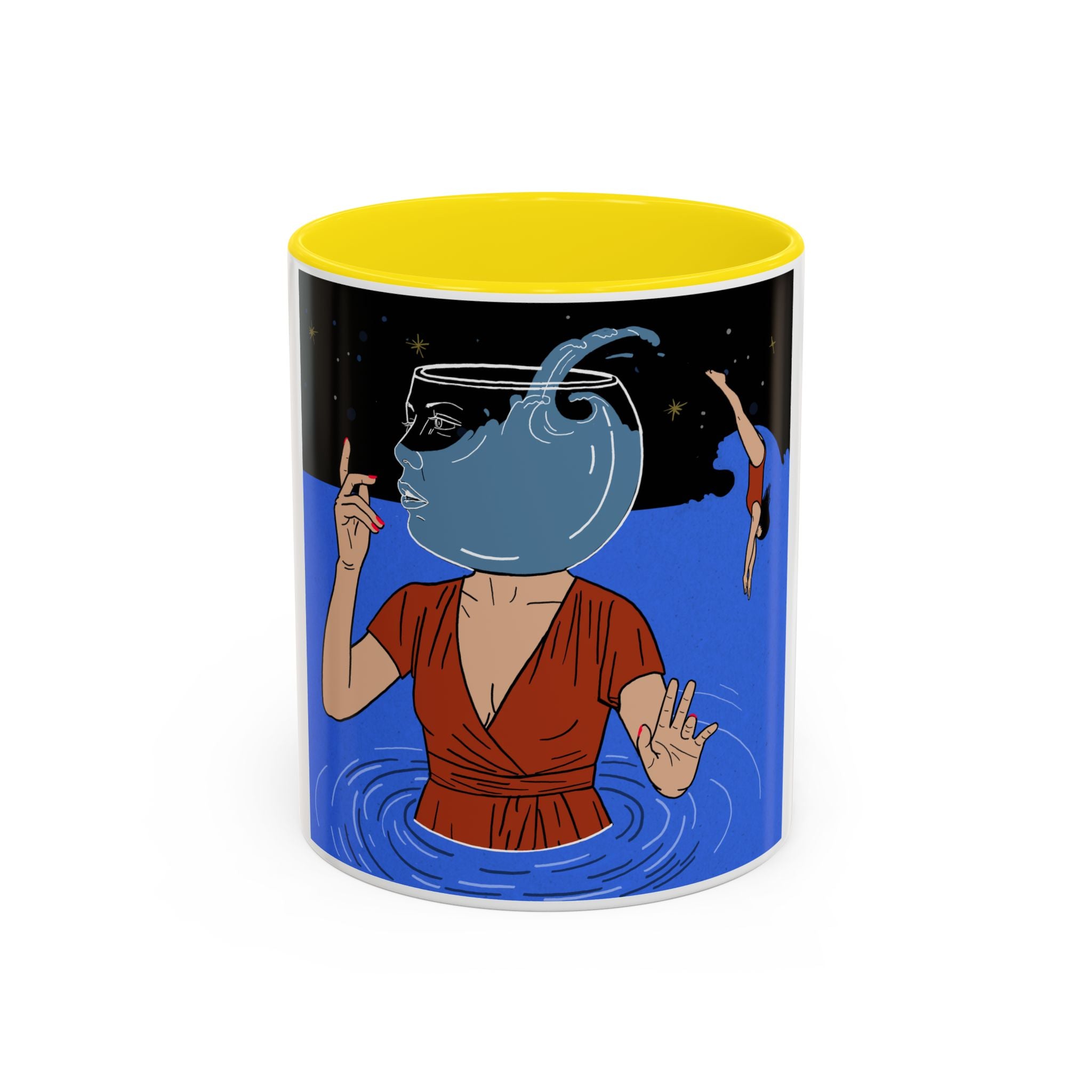 Out Of Blue-Surreal 'Fishbowl Head' Accent Coffee Mug – Artistic Blue Night Swim Design