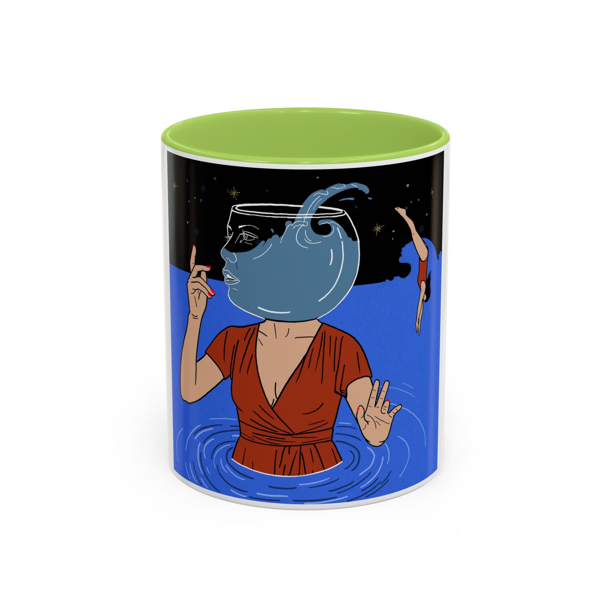 Out Of Blue-Surreal 'Fishbowl Head' Accent Coffee Mug – Artistic Blue Night Swim Design