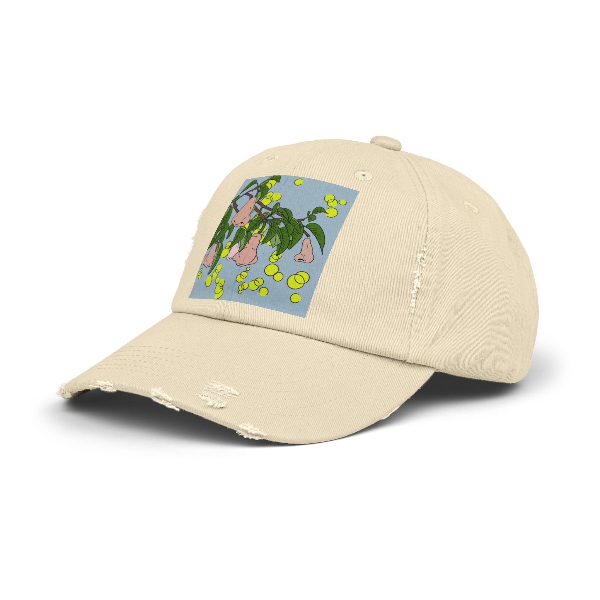 Distressed Baseball Cap with surreal pear Illustration