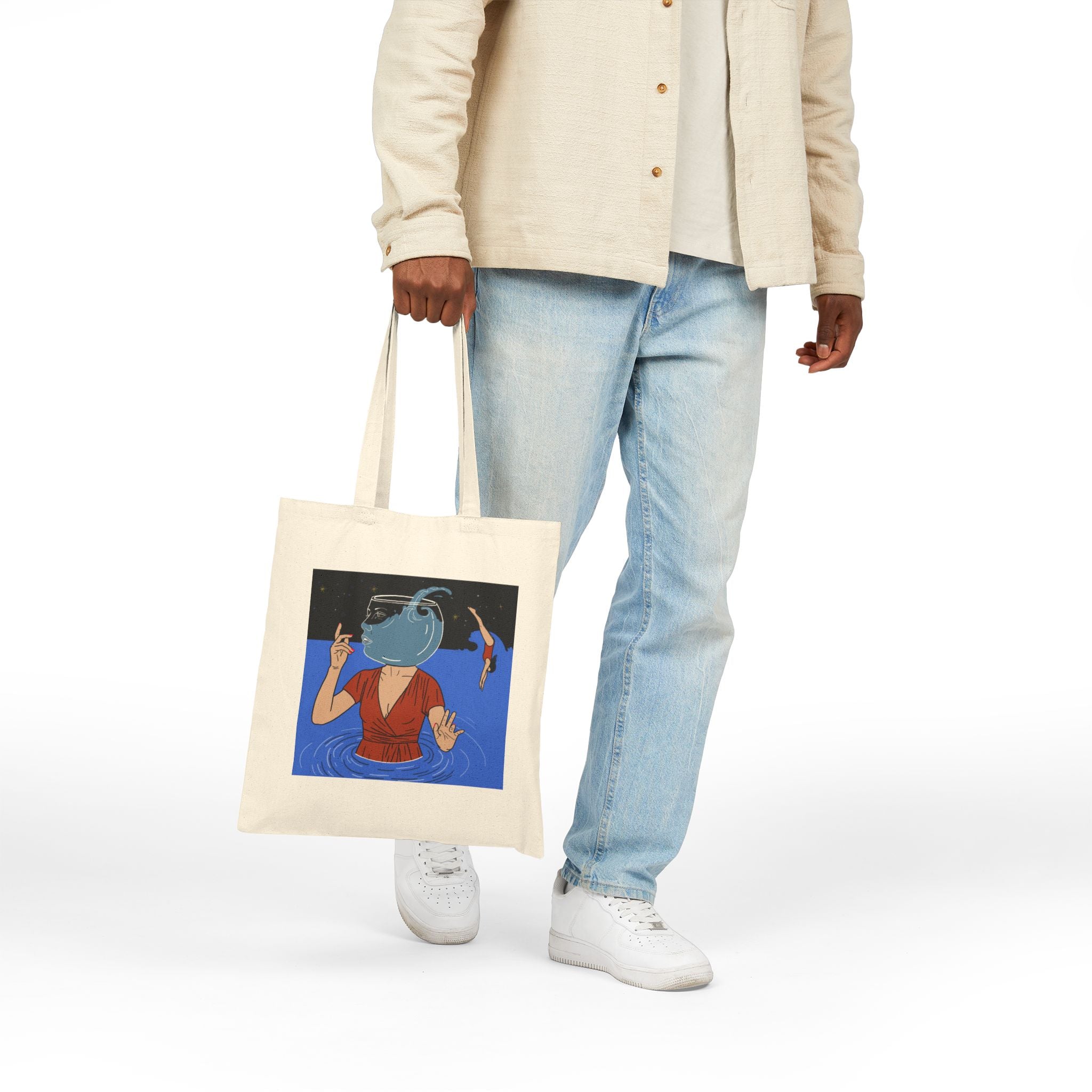 Out Of Blue- Tote Bag — Surreal 'Fishbowl Head' Art Tote for Beach, Market & Gifts