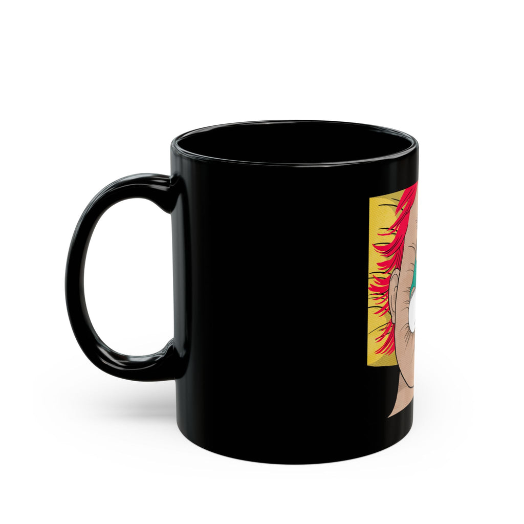 Black Ceramic Mug — Surreal Red-Haired Face with Curled Figure Illustration (11oz, 15oz)