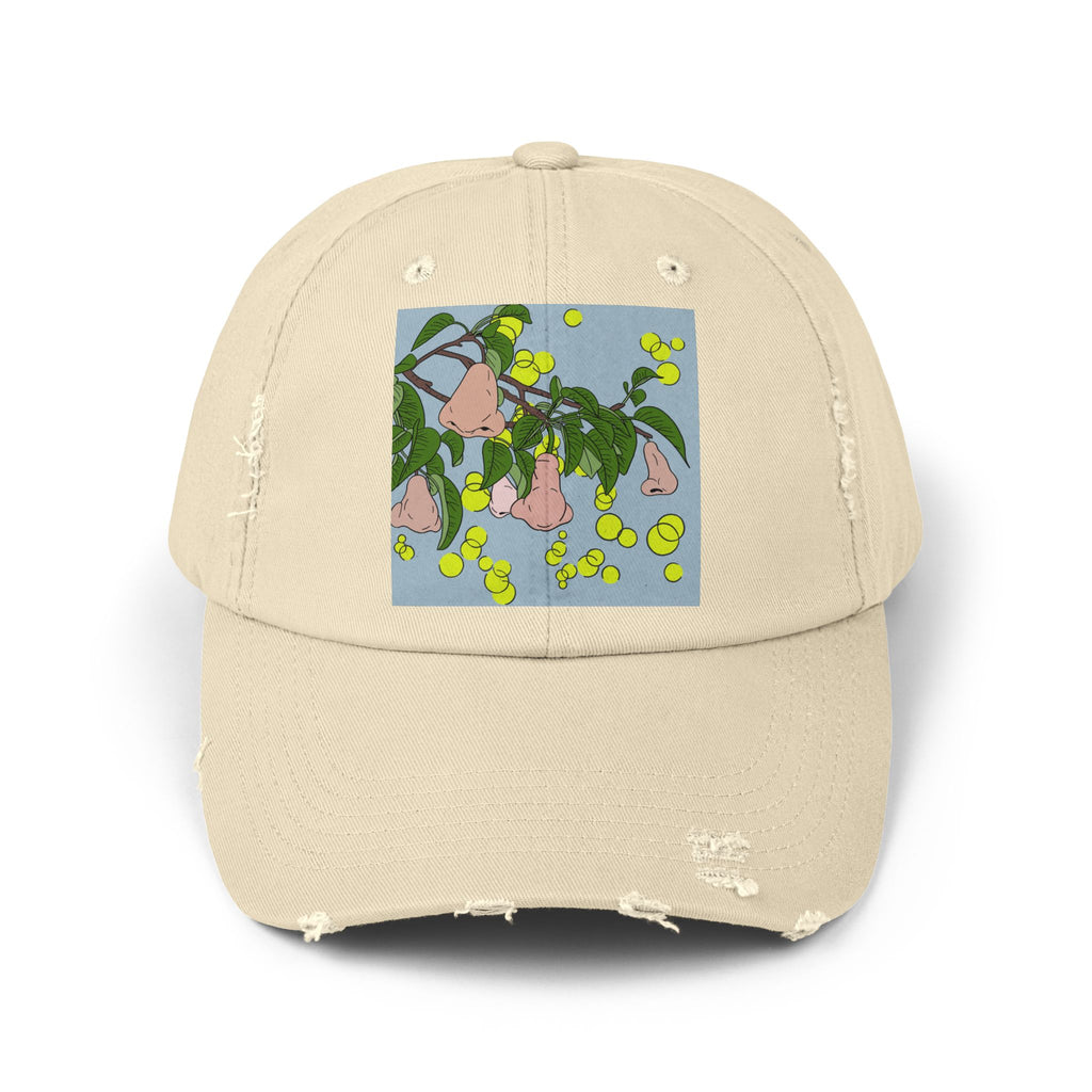 Distressed Baseball Cap with surreal pear Illustration
