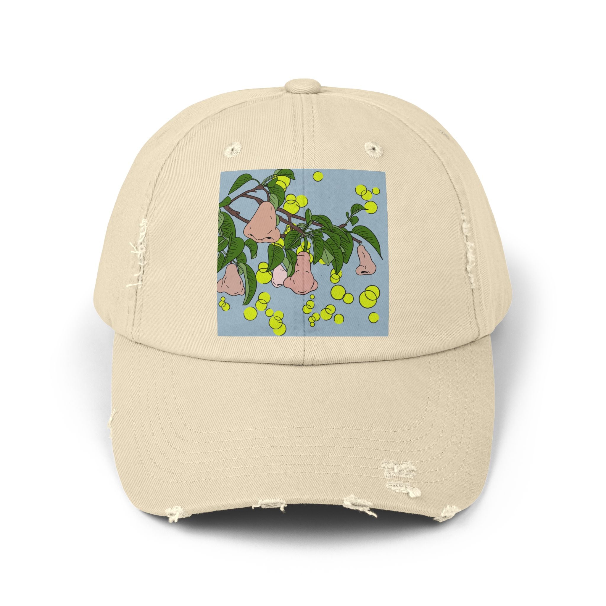 Distressed Baseball Cap with surreal pear Illustration