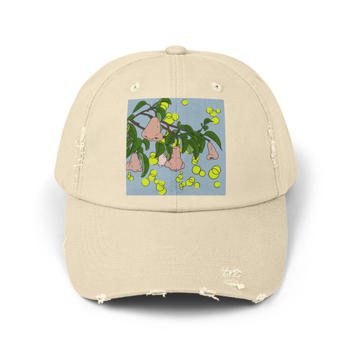 Distressed Baseball Cap with surreal pear Illustration