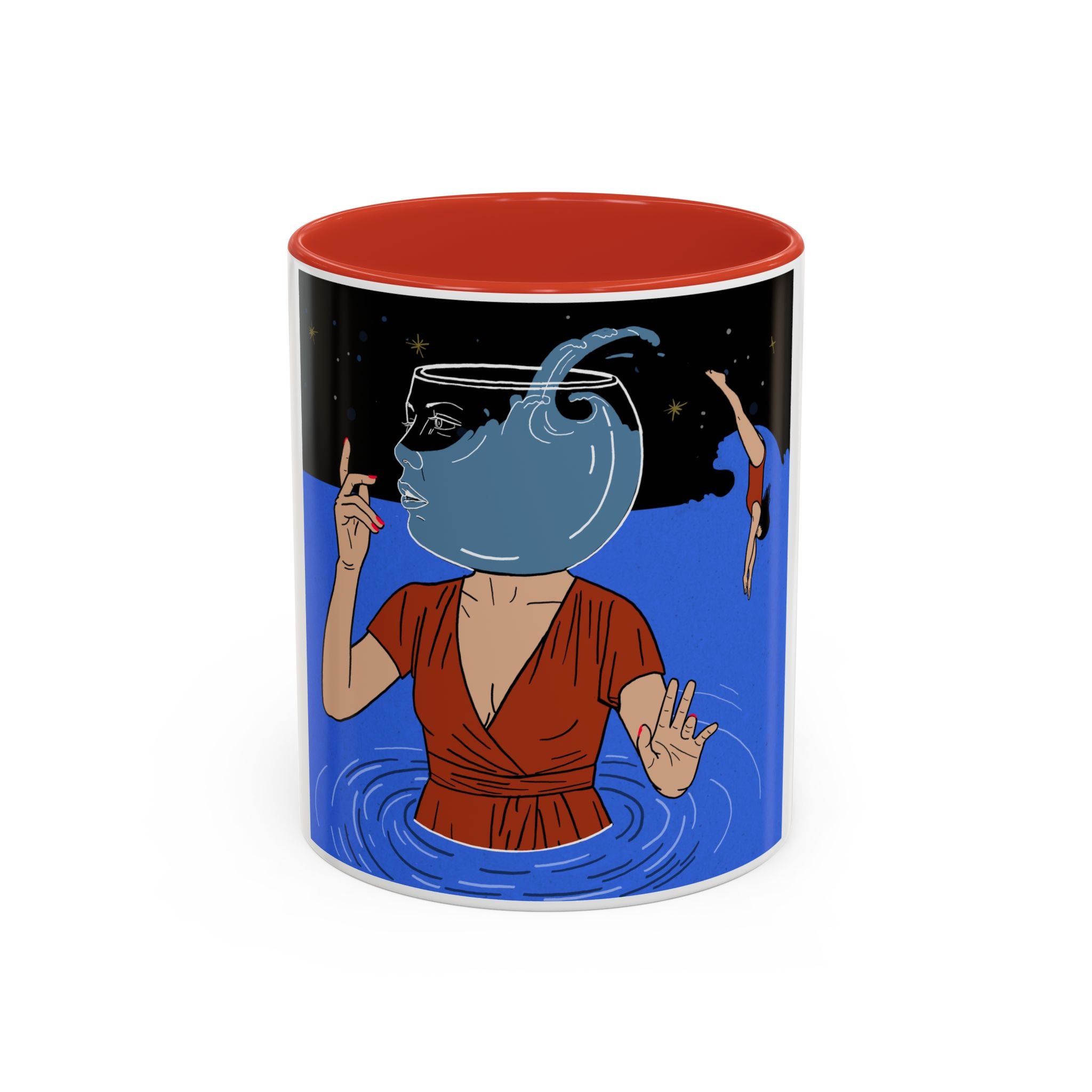 Out Of Blue-Surreal 'Fishbowl Head' Accent Coffee Mug – Artistic Blue Night Swim Design