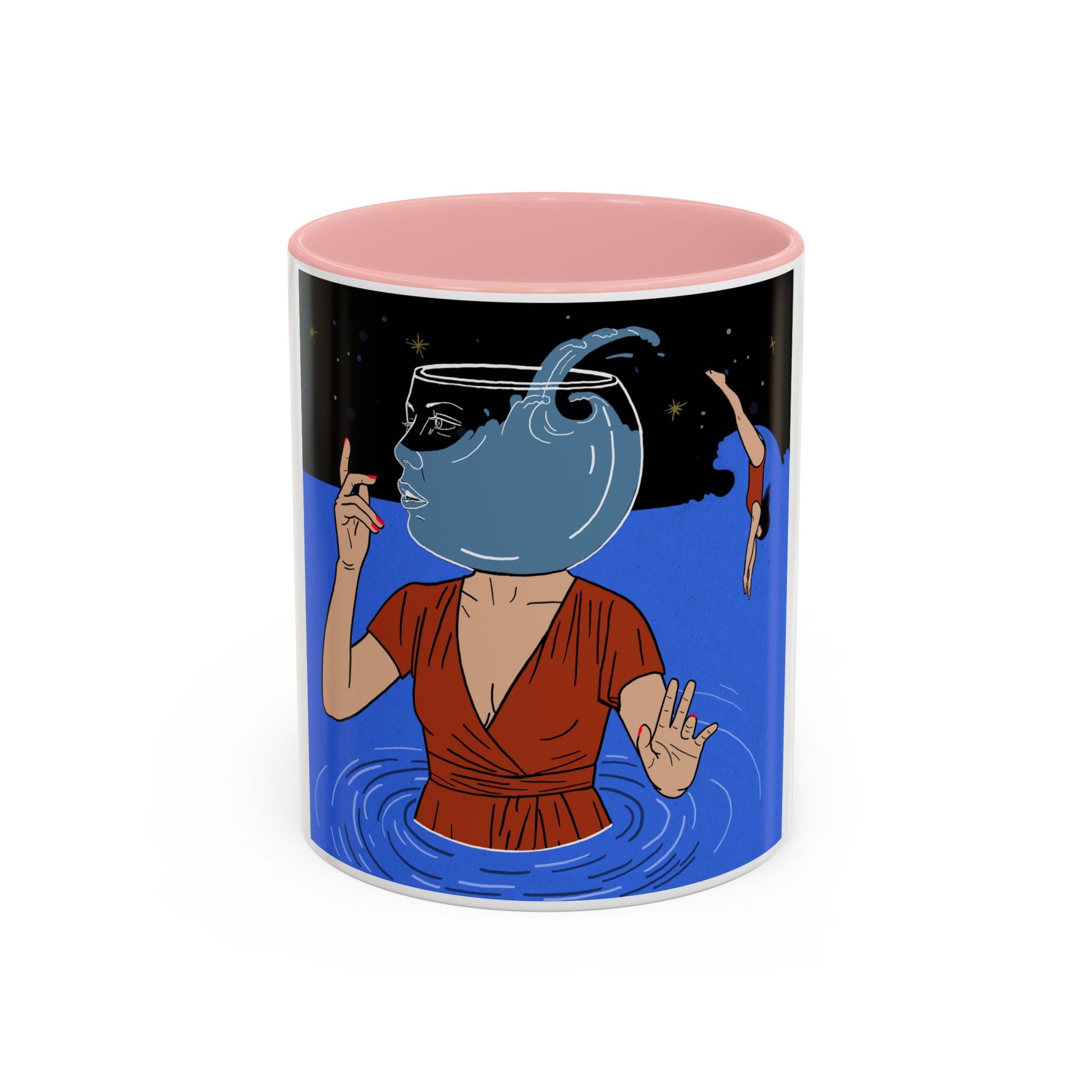 Out Of Blue-Surreal 'Fishbowl Head' Accent Coffee Mug – Artistic Blue Night Swim Design