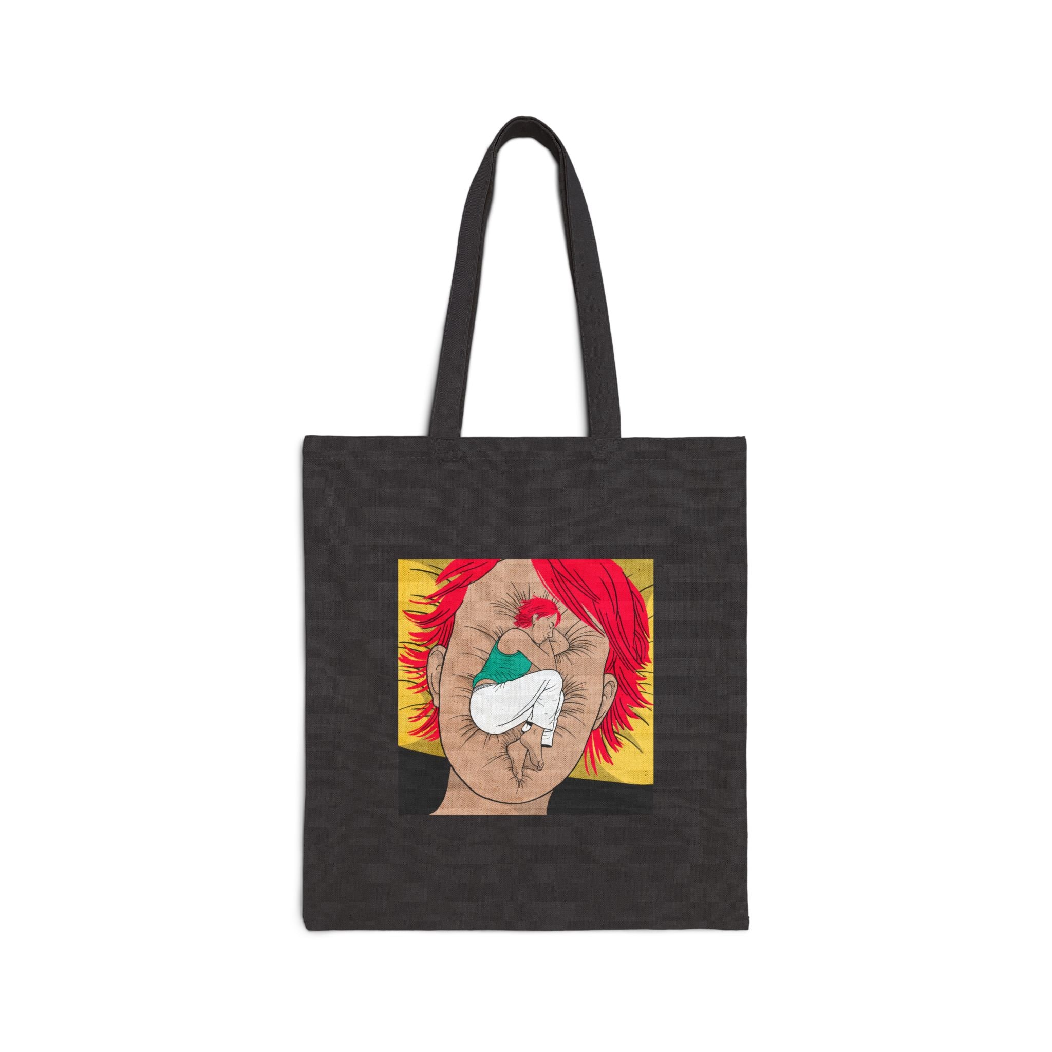 Canvas Tote Bag — Surreal Red-Haired Face with Hand and Sleeping Figure Art Tote