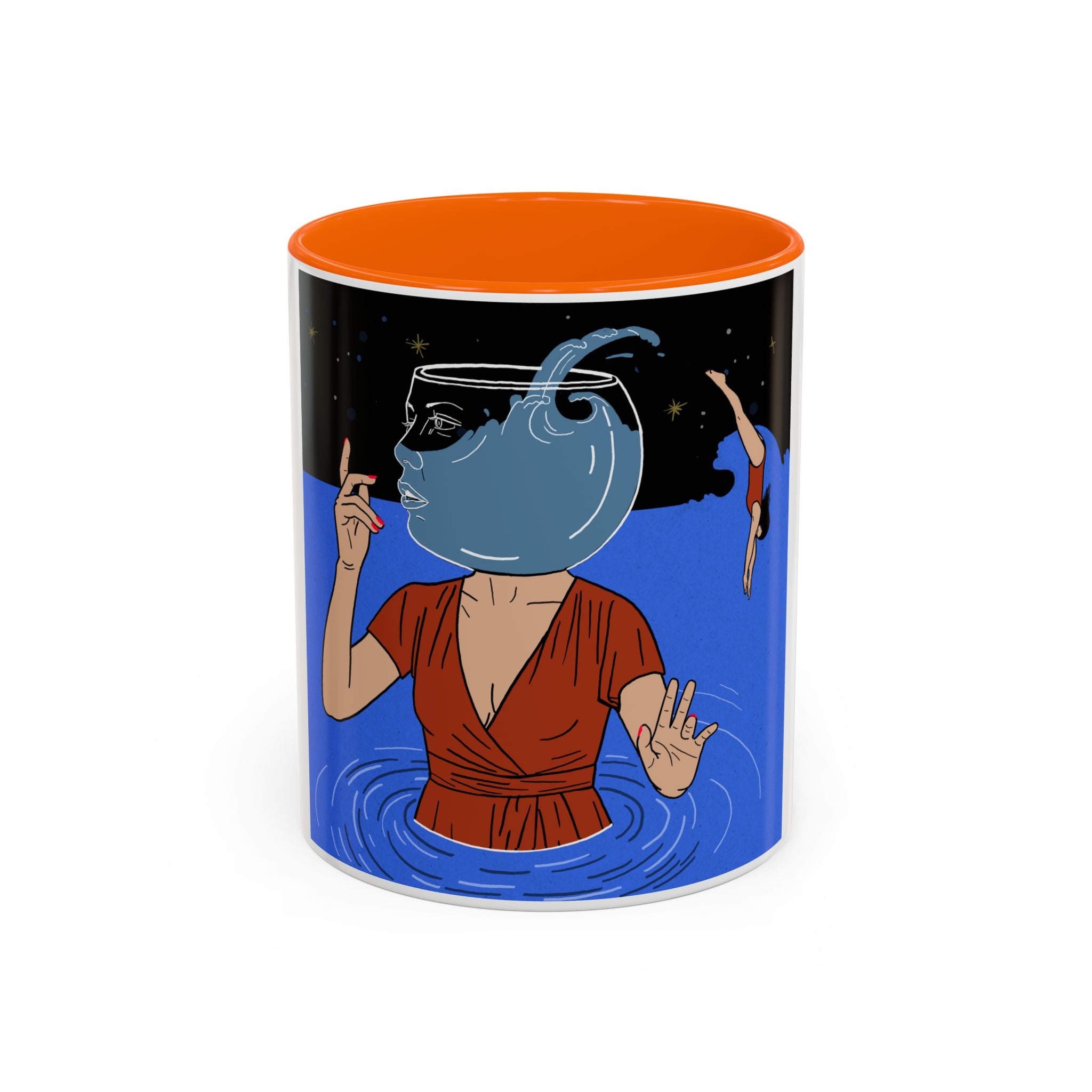 Out Of Blue-Surreal 'Fishbowl Head' Accent Coffee Mug – Artistic Blue Night Swim Design