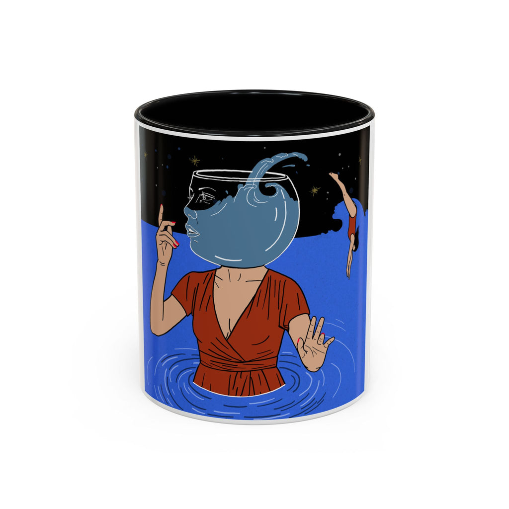 Out Of Blue-Surreal 'Fishbowl Head' Accent Coffee Mug – Artistic Blue Night Swim Design