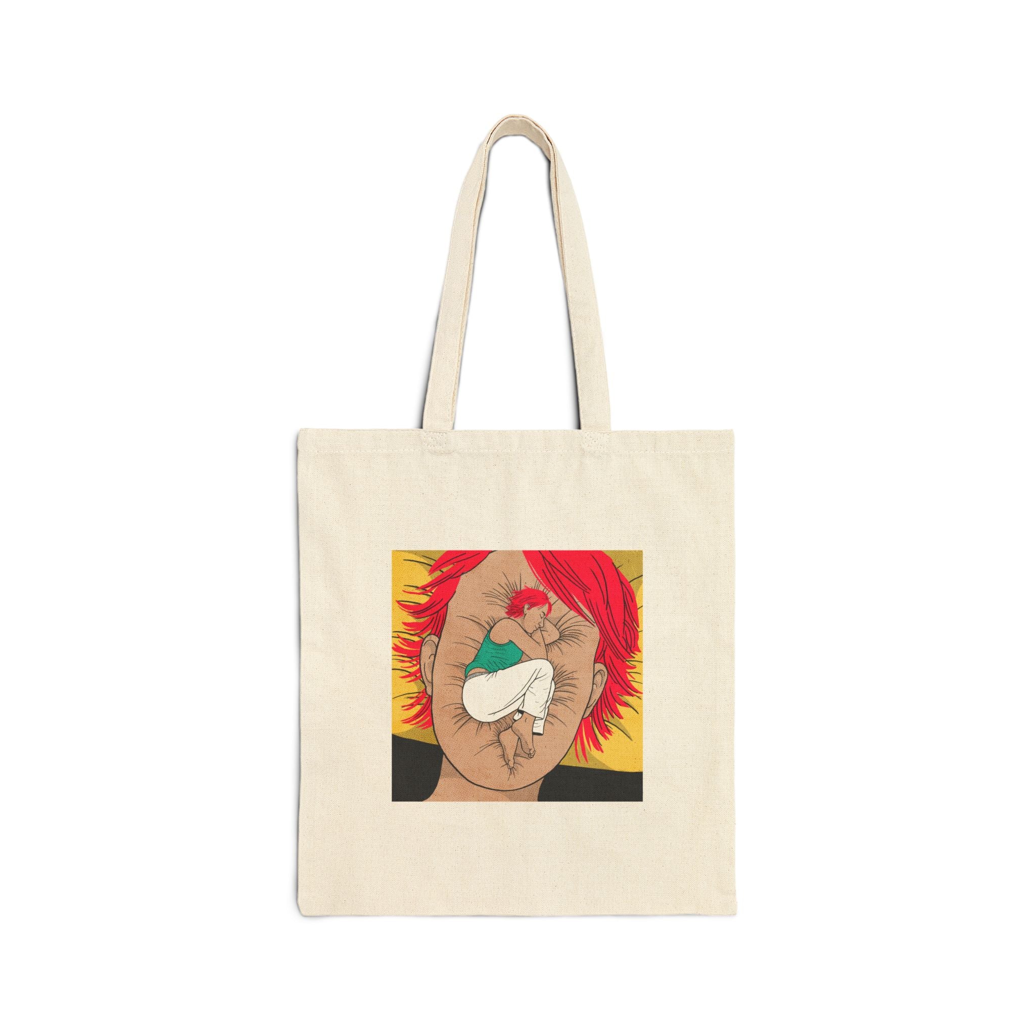 Canvas Tote Bag — Surreal Red-Haired Face with Hand and Sleeping Figure Art Tote