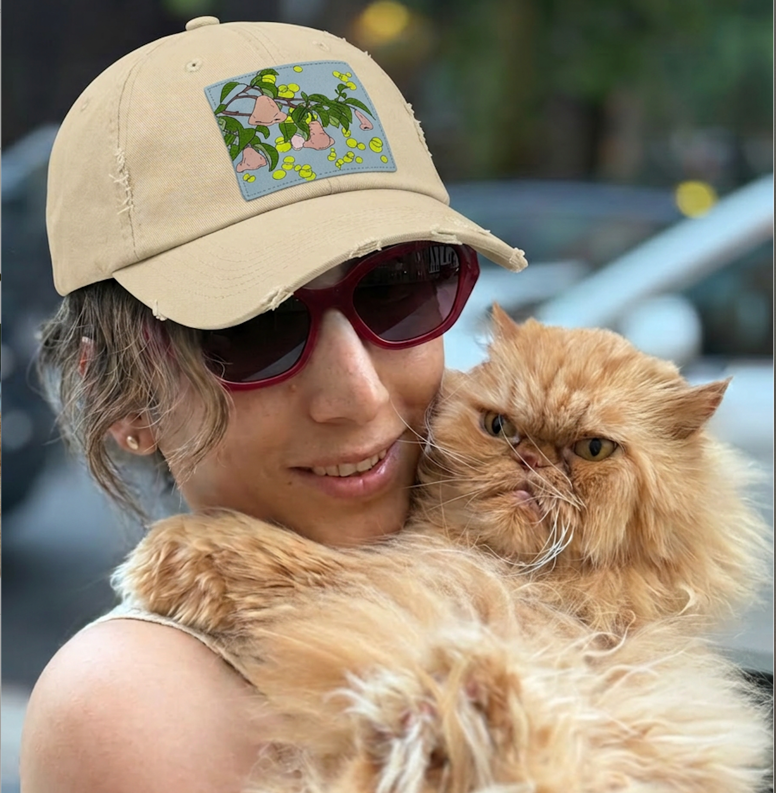 Distressed Baseball Cap with surreal pear Illustration