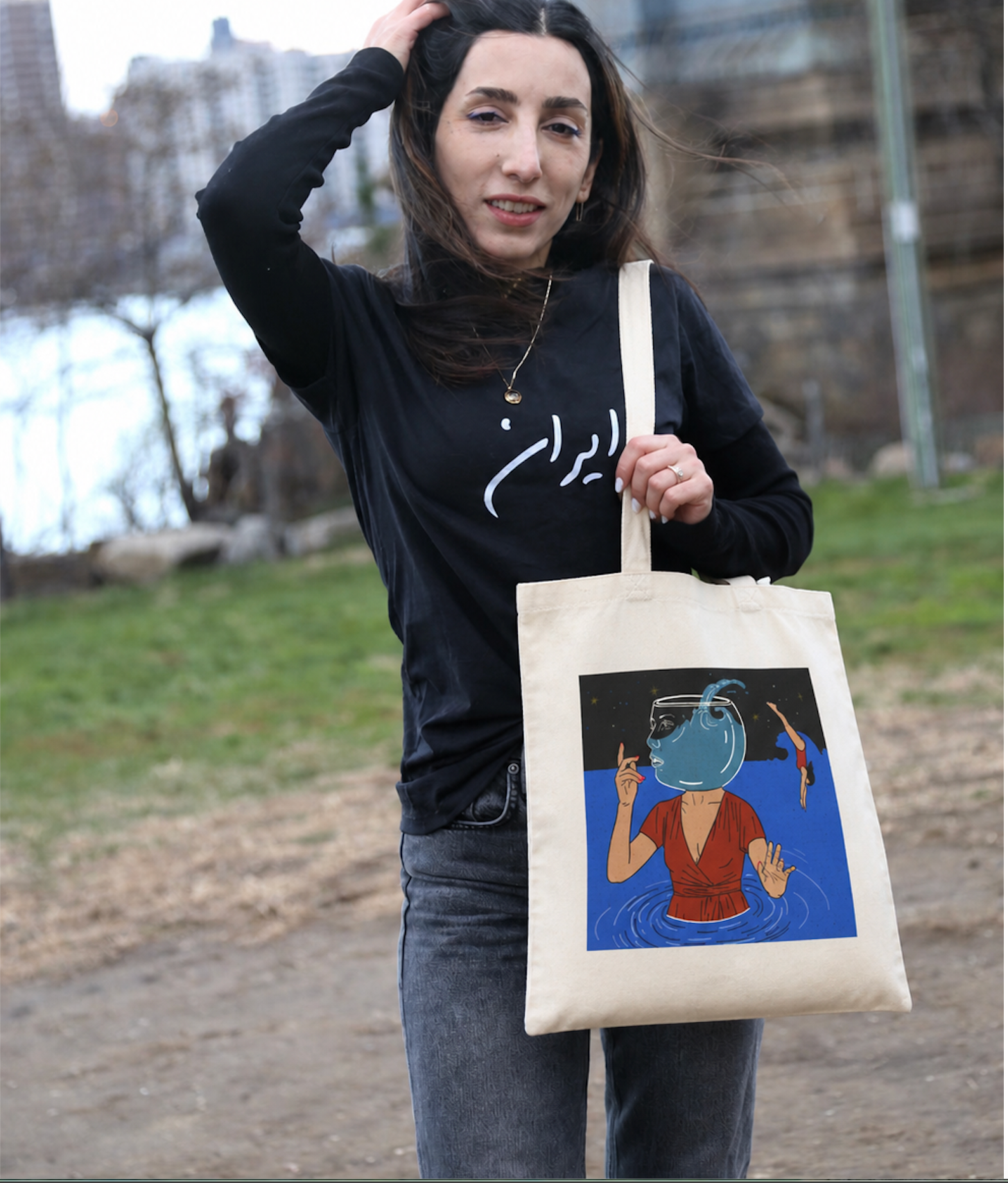 Out Of Blue- Tote Bag — Surreal 'Fishbowl Head' Art Tote for Beach, Market & Gifts