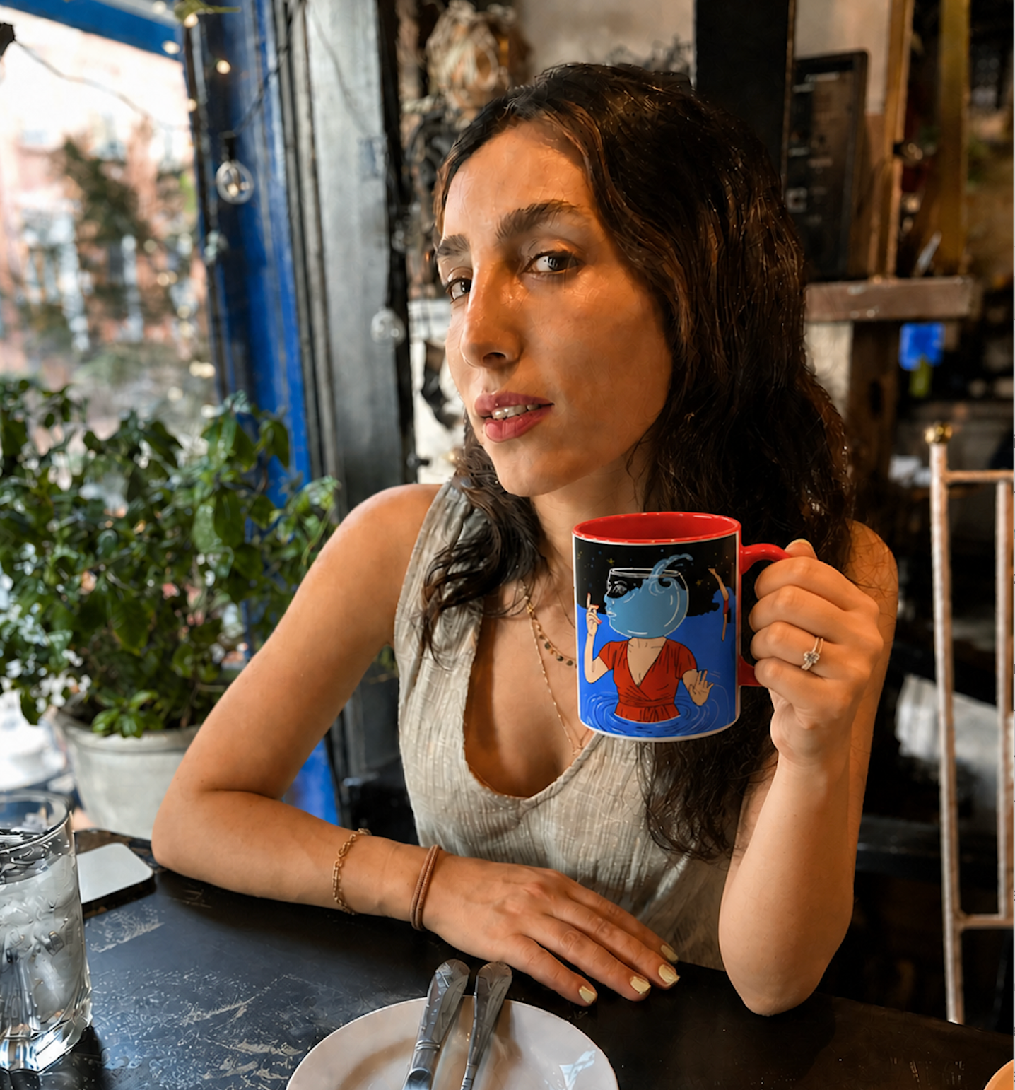 Out Of Blue-Surreal 'Fishbowl Head' Accent Coffee Mug – Artistic Blue Night Swim Design