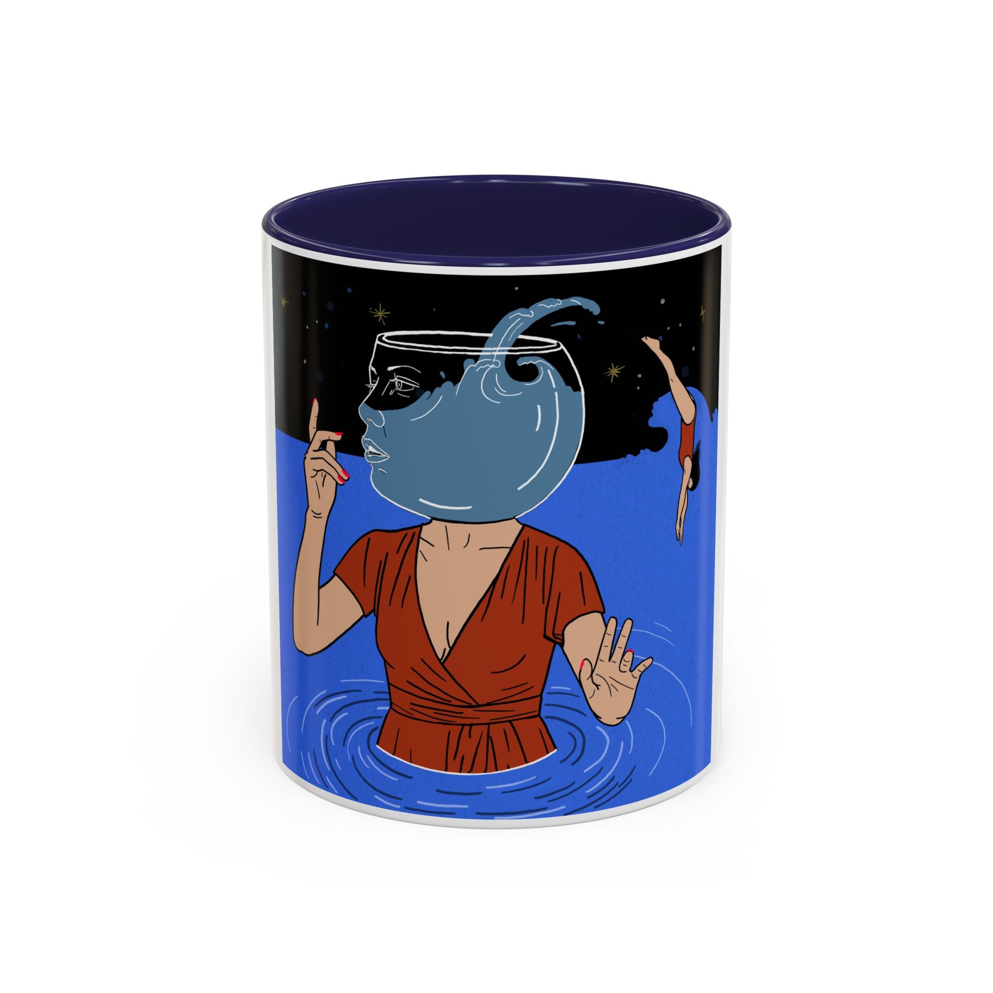 Out Of Blue-Surreal 'Fishbowl Head' Accent Coffee Mug – Artistic Blue Night Swim Design