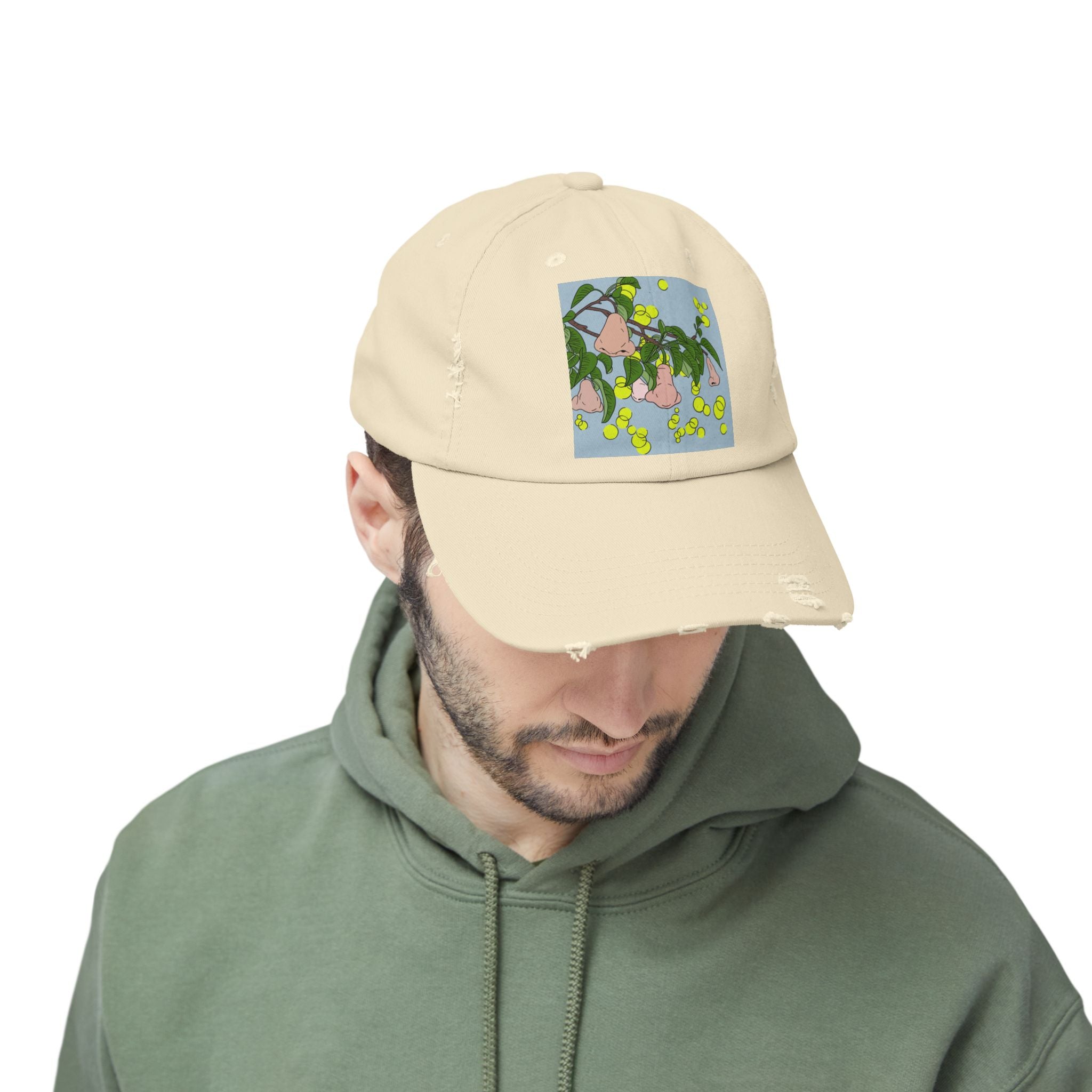 Distressed Baseball Cap with surreal pear Illustration
