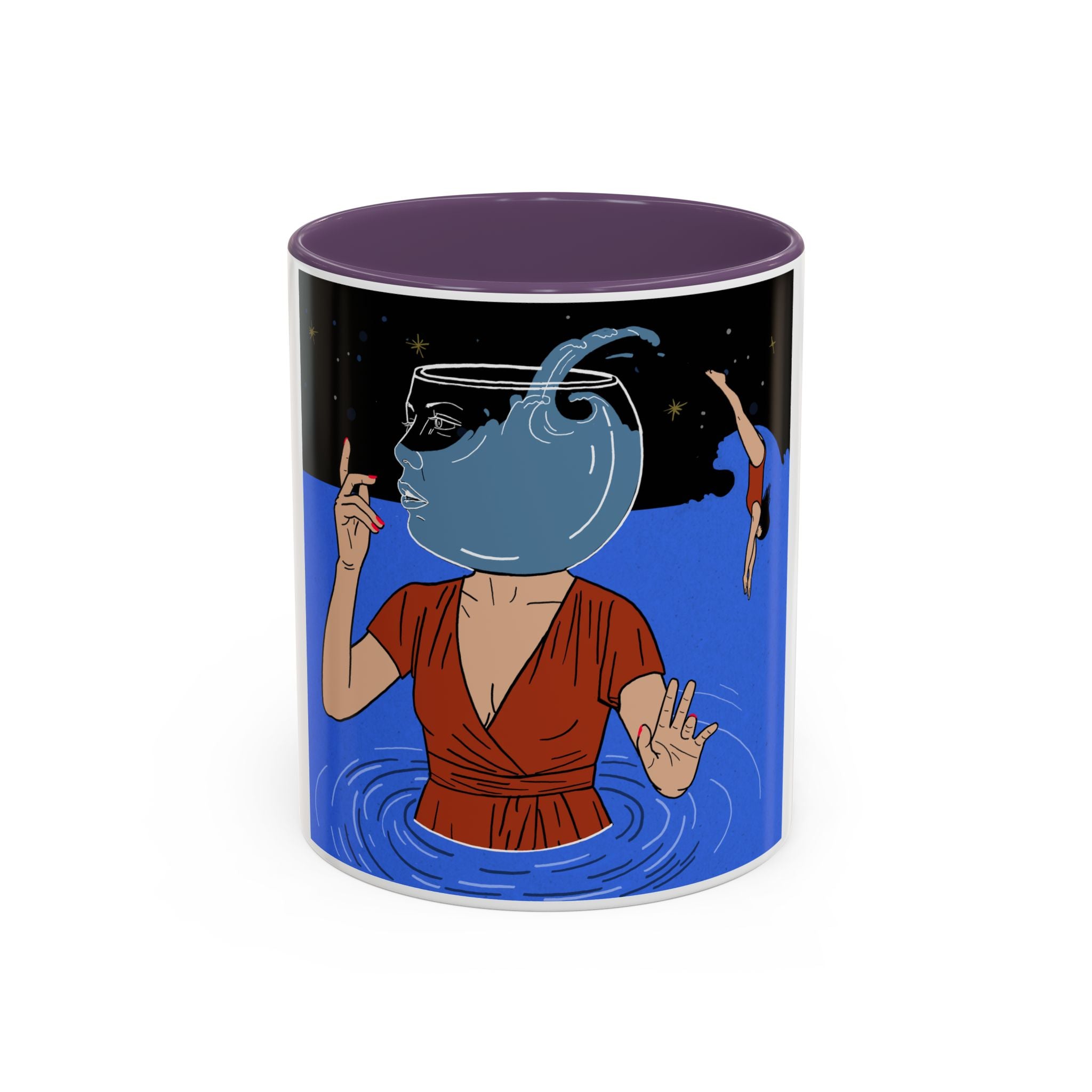 Out Of Blue-Surreal 'Fishbowl Head' Accent Coffee Mug – Artistic Blue Night Swim Design