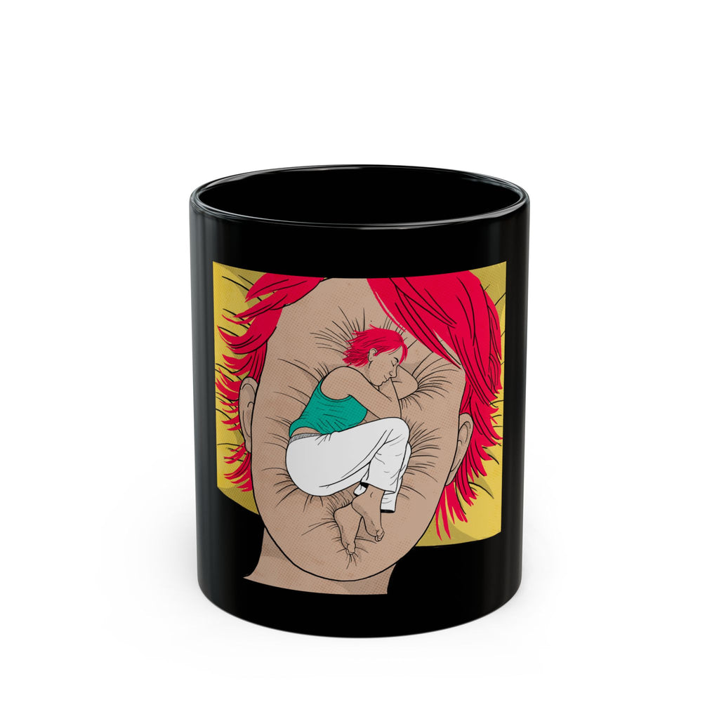 Black Ceramic Mug — Surreal Red-Haired Face with Curled Figure Illustration (11oz, 15oz)