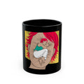 Black Ceramic Mug — Surreal Red-Haired Face with Curled Figure Illustration (11oz, 15oz)