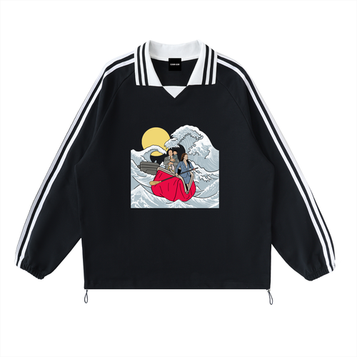 Contrast Striped Lapel Collar Sweatshirt