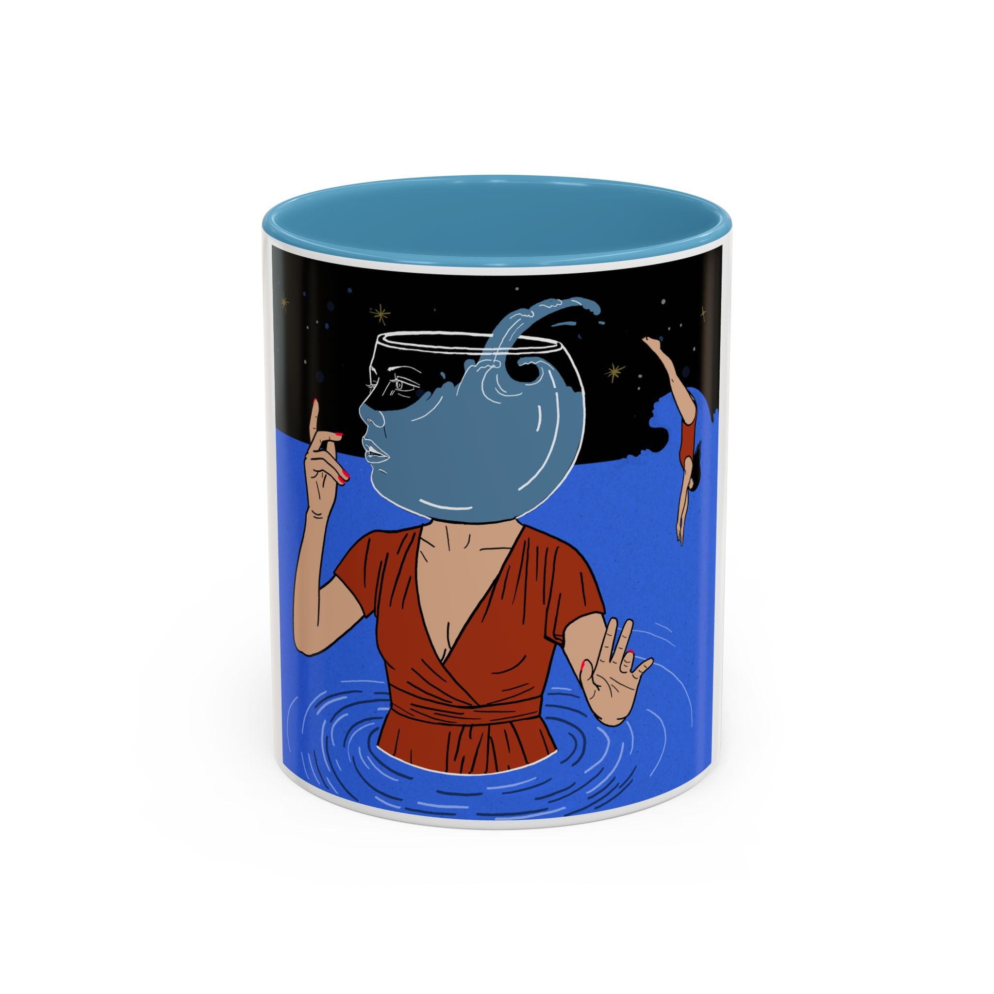 Out Of Blue-Surreal 'Fishbowl Head' Accent Coffee Mug – Artistic Blue Night Swim Design
