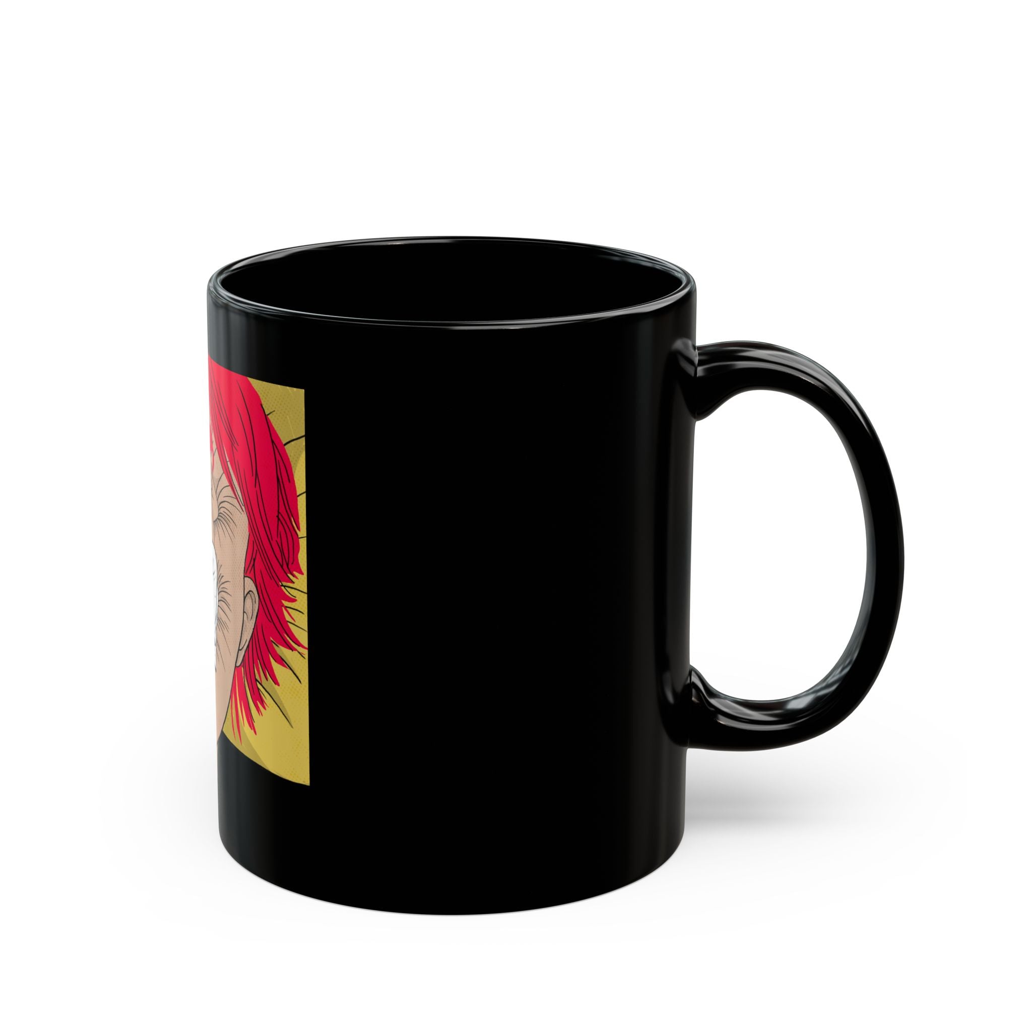 Black Ceramic Mug — Surreal Red-Haired Face with Curled Figure Illustration (11oz, 15oz)