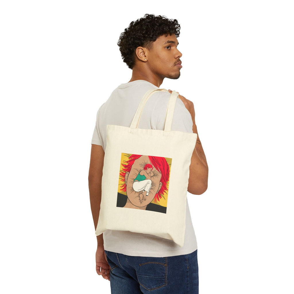 Canvas Tote Bag — Surreal Red-Haired Face with Hand and Sleeping Figure Art Tote